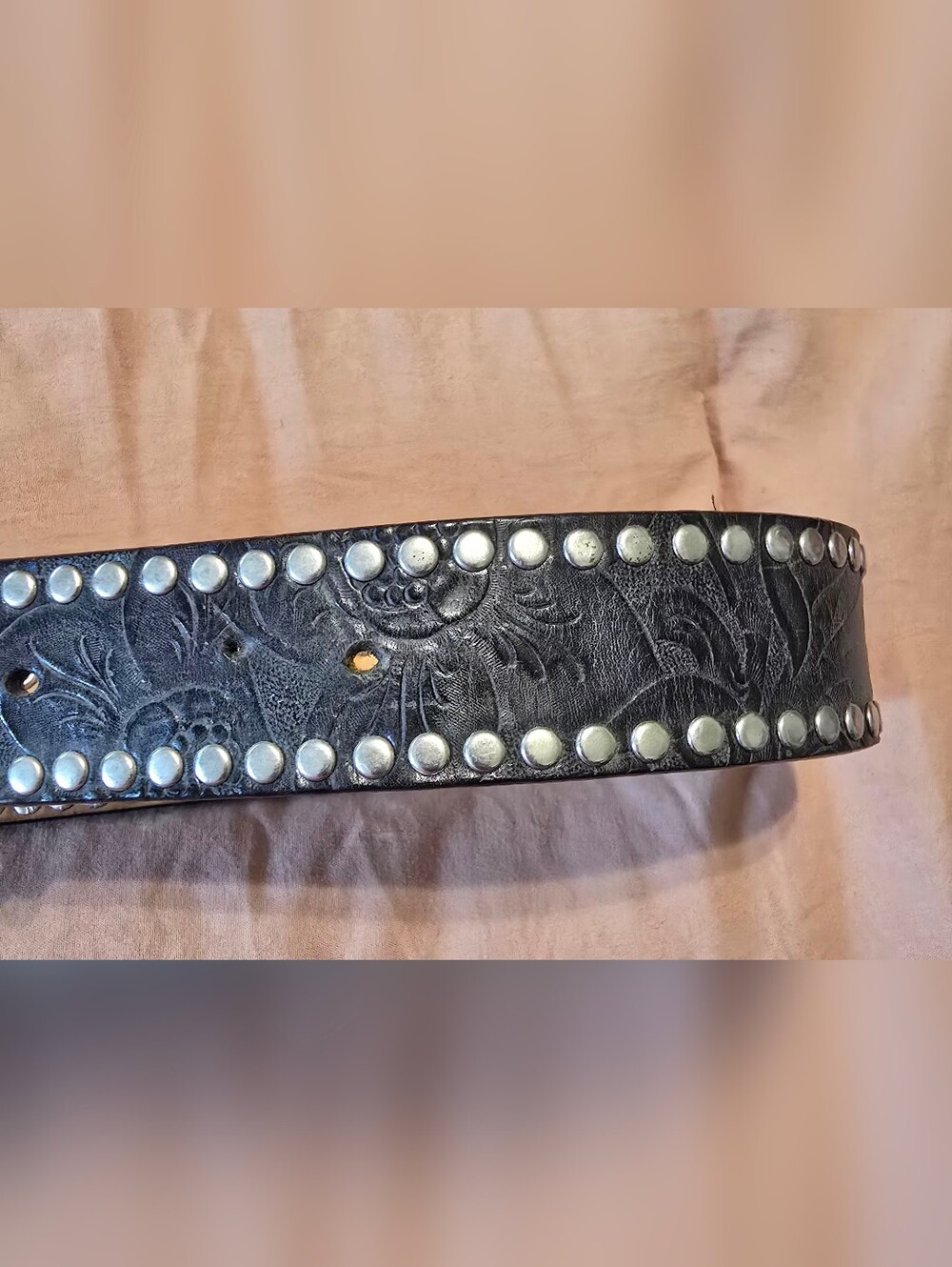 OLGA SANTINI Genuine Leather Vintage Embossed Studded Wrstetn Belt Black - Picture 4 of 6
